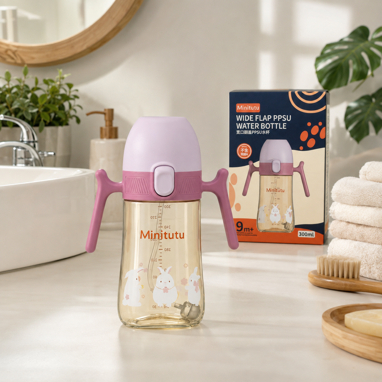 Minitutu Wide Flap PPSU Water Bottle 300ml | BPA-Free Baby Straw Cup with Handles for 9+ Months | Purple CB842